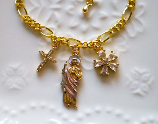 San Judas cross X flower bracelet